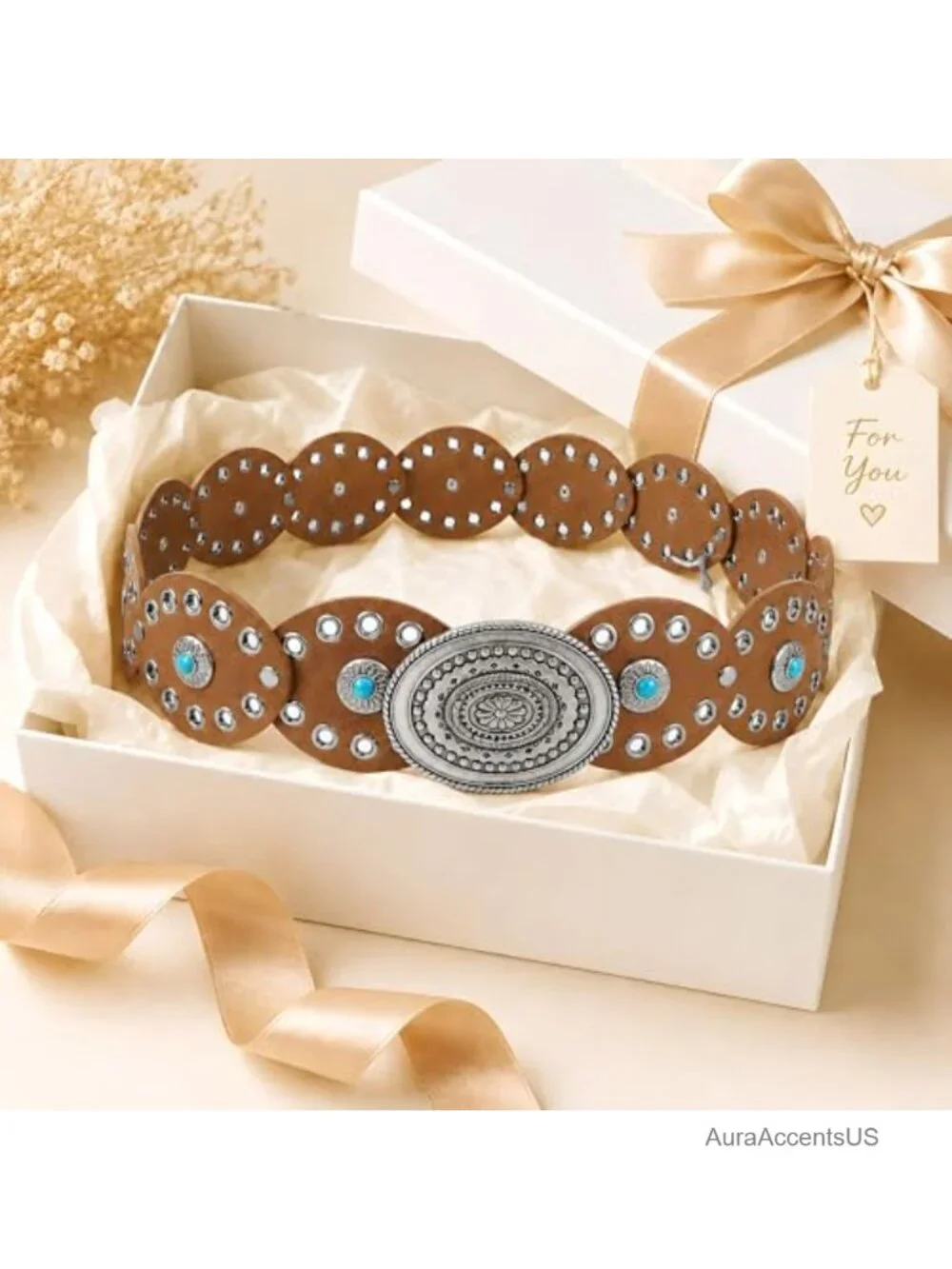 Vintage Concho Cowgirl Belt for Women, PU Leather Disc Belt